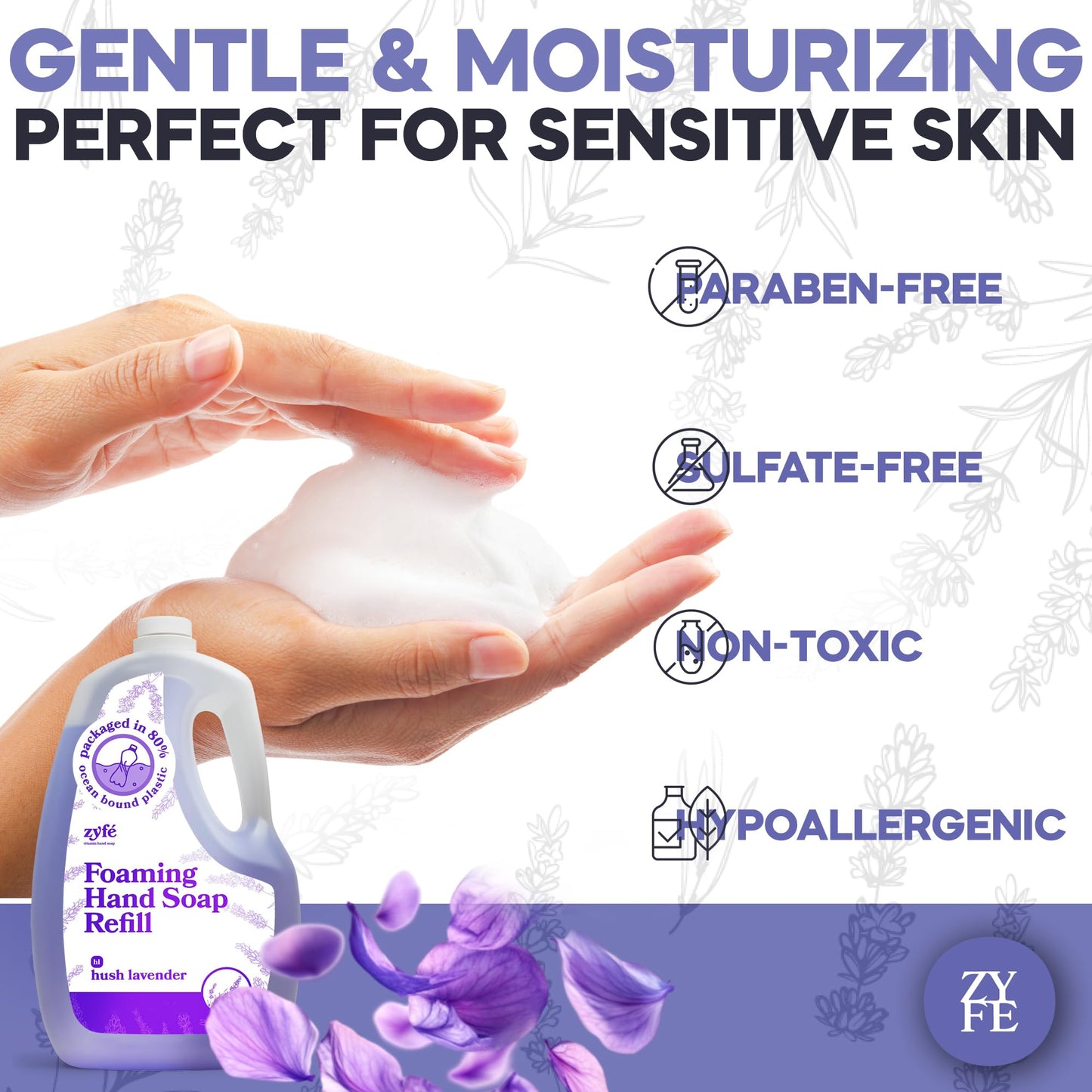 ZYFE Lavender Hand Soap Refills Foam, 64oz Liquid Hand Soap Foam Refill in Recycled Bottle, Natural Handwash Refill with Essential Oils, Biodegradable & Moisturizing