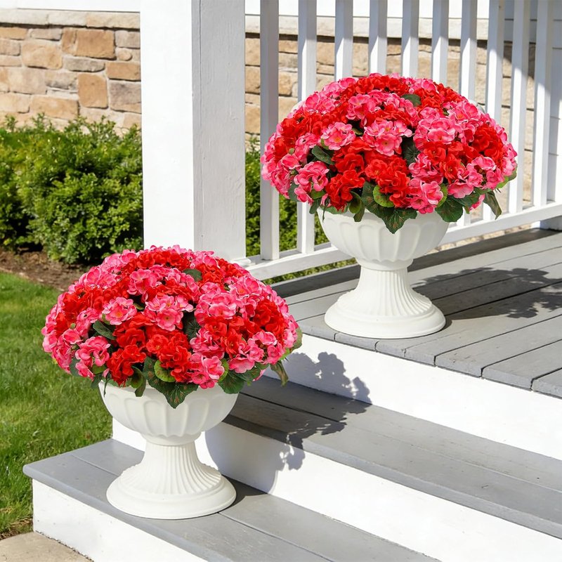 Artificial Geranium Flowers - 8 Bundles UV Resistant Fake Plants | Red & Pink for Outdoor Decor, Home & Garden