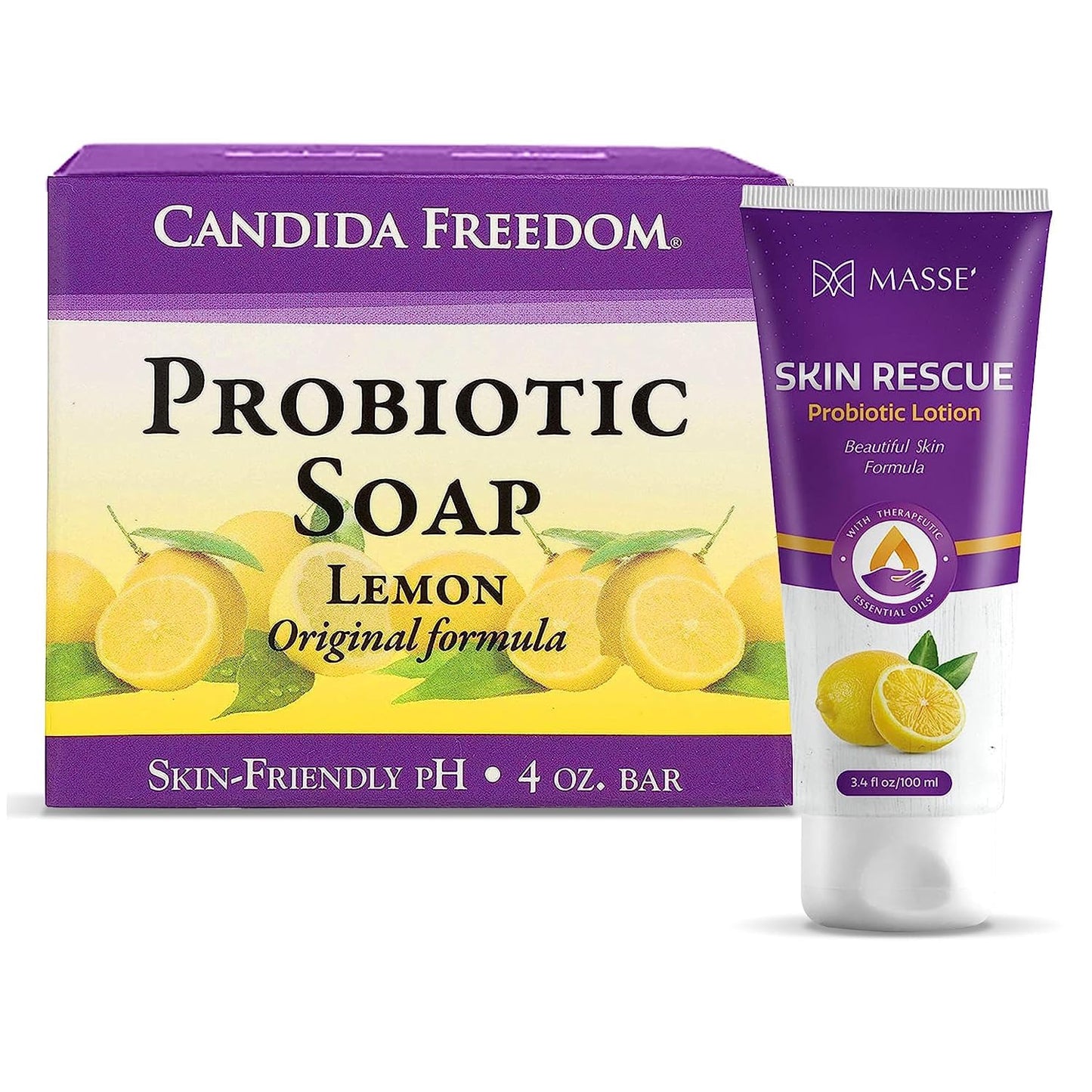 Massey Medicinals Probiotic Lotion & Body Soap Set - Lemon Scented, Skin Rescue Formula