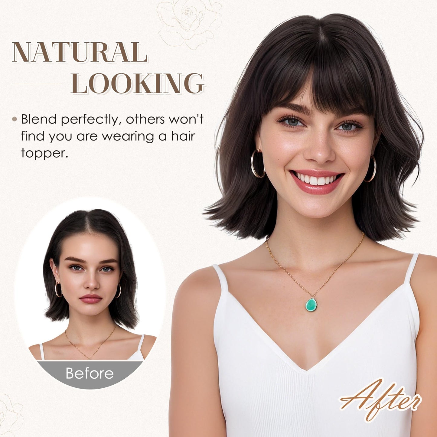S-noilite Human Hair Toppers for Women with Bangs 100% Real Human Hairpiece 5"x3" Clip in Silk Base Topper Piece Cover Thinning Fine Hair 10 inch Chestnut Brown