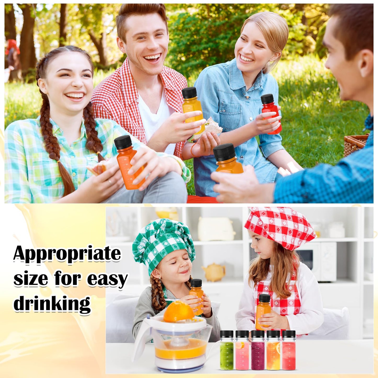 Roshtia 100 Pcs 2 oz Plastic Bottle with Caps for Liquids Small Clear Ginger Shots Bottles with Scale Reusable Mini Jars with Lids and 15 Pcs Funnel 3 Labels for Juice Sauce Bulk Portable Travel