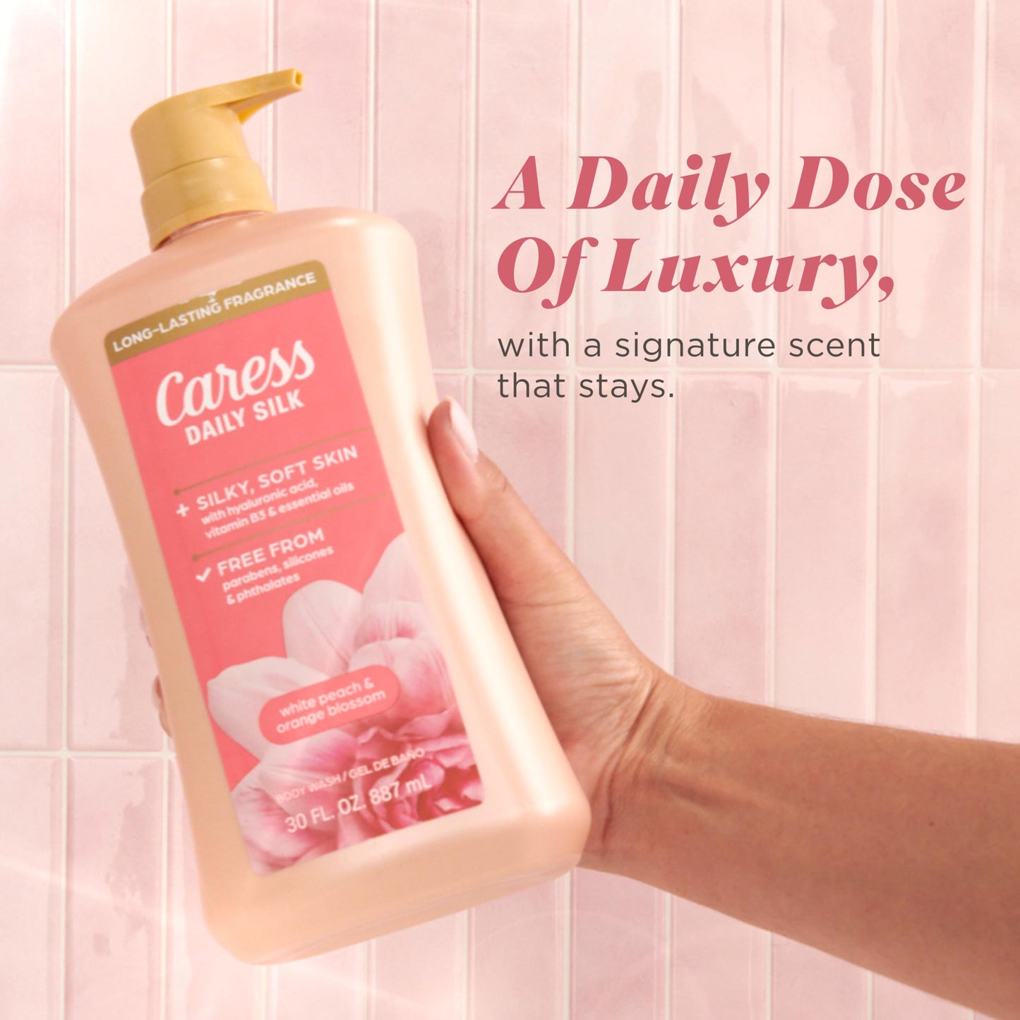 Caress Body Wash With Pump Daily Silk White Peach & Orange Blossom Body Soap for Noticeably Silky, Soft Skin 30 fl oz, 4 Pack
