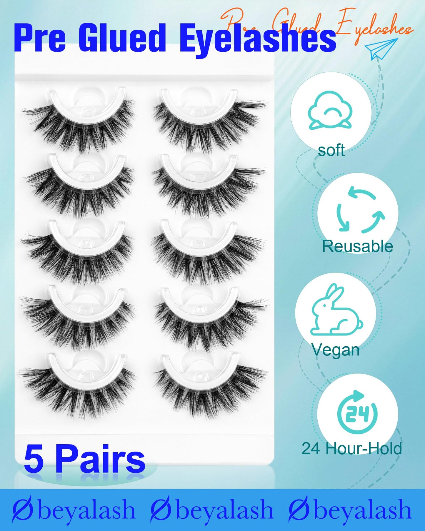 Waterproof Self Adhesive Eyelashes, 5 Pairs Natural Look Stick on False Eyelashes, Pre Glued Lashes, No Glue Needed, Wispy Glueless Lashes Reusable and Comfortable by Obeyalash (706)