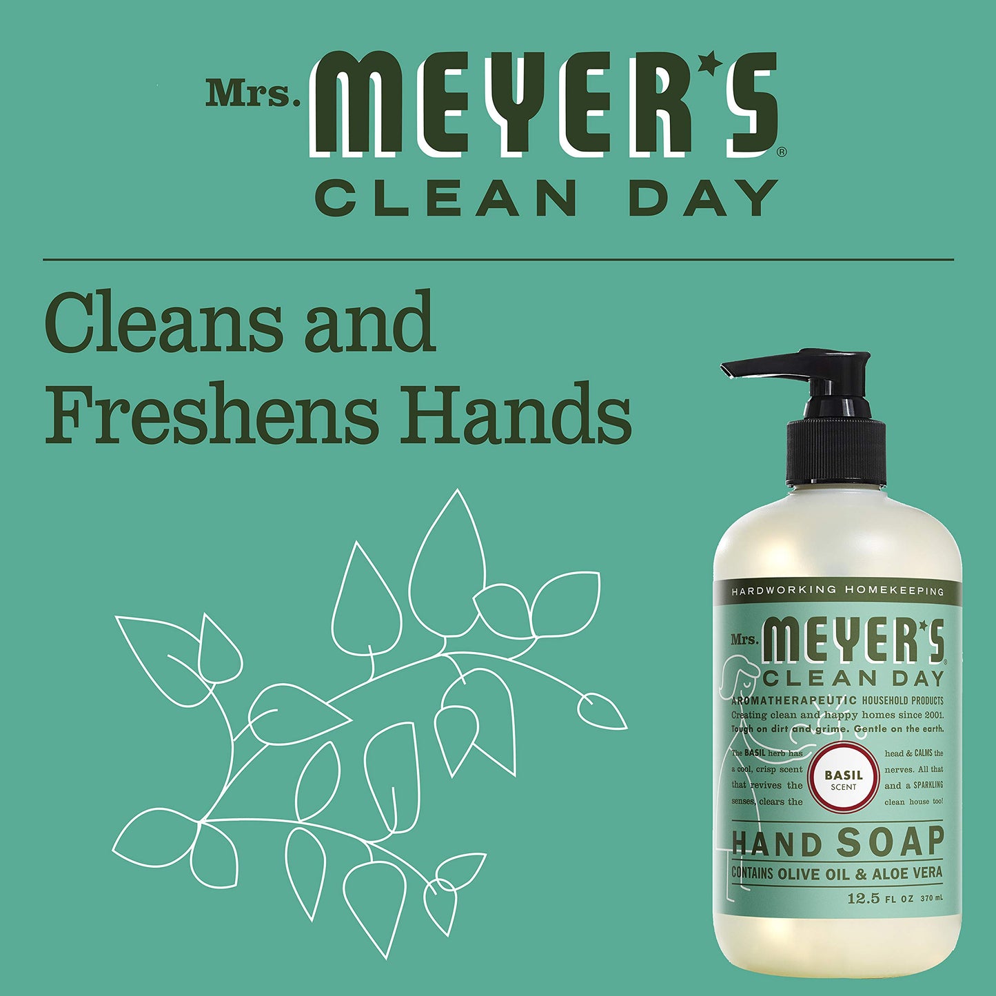 MRS. MEYER'S CLEAN DAY Hand Soap, Made with Essential Oils, Biodegradable Formula, Basil, 12.5 fl. oz - Pack of 3