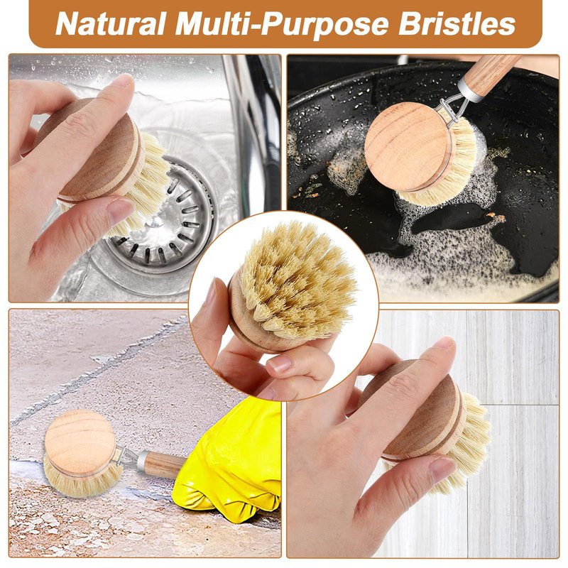 12 Pcs Bamboo Dish Brush Replacement Heads, Natural Sisal Bristle Refills, Eco Friendly Compostable Scrubber Heads for Cleaning Kitchen Utensils