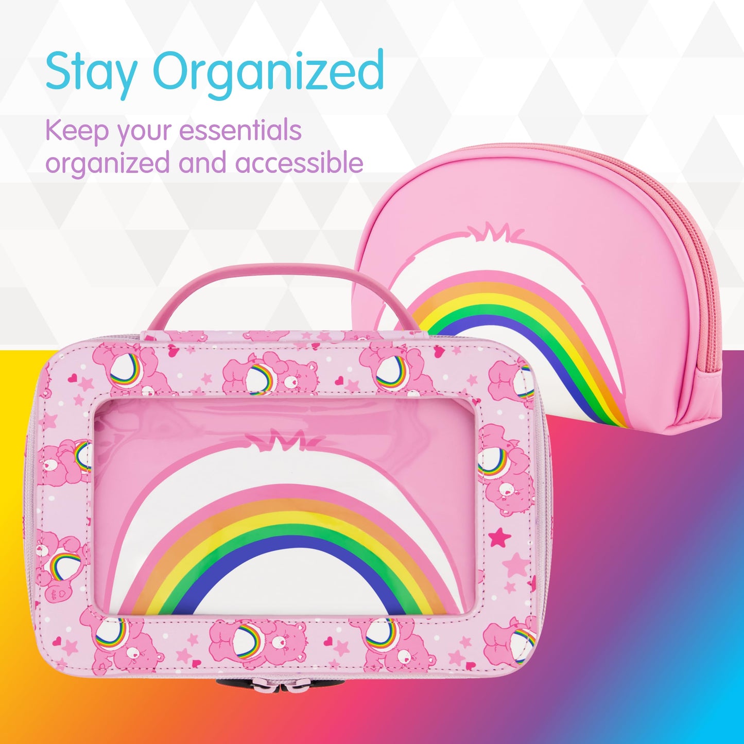 Concept One Care Bears Cosmetic Case Set, Rainbow and Cheer Bear 2-Piece Travel Cosmetic Carry Set with Zippers, Multi