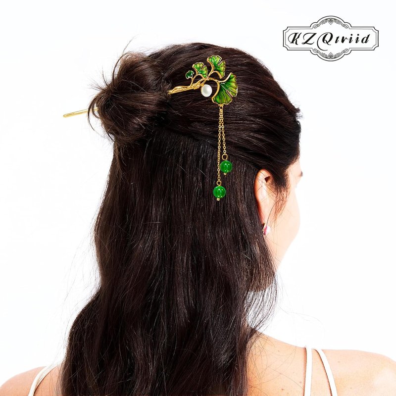 Vintage Ginkgo Leaf Hair Stick - 14k Gold Plated Copper with Enamel & Jade Beads | 6.69-Inch Hair Clip for Women