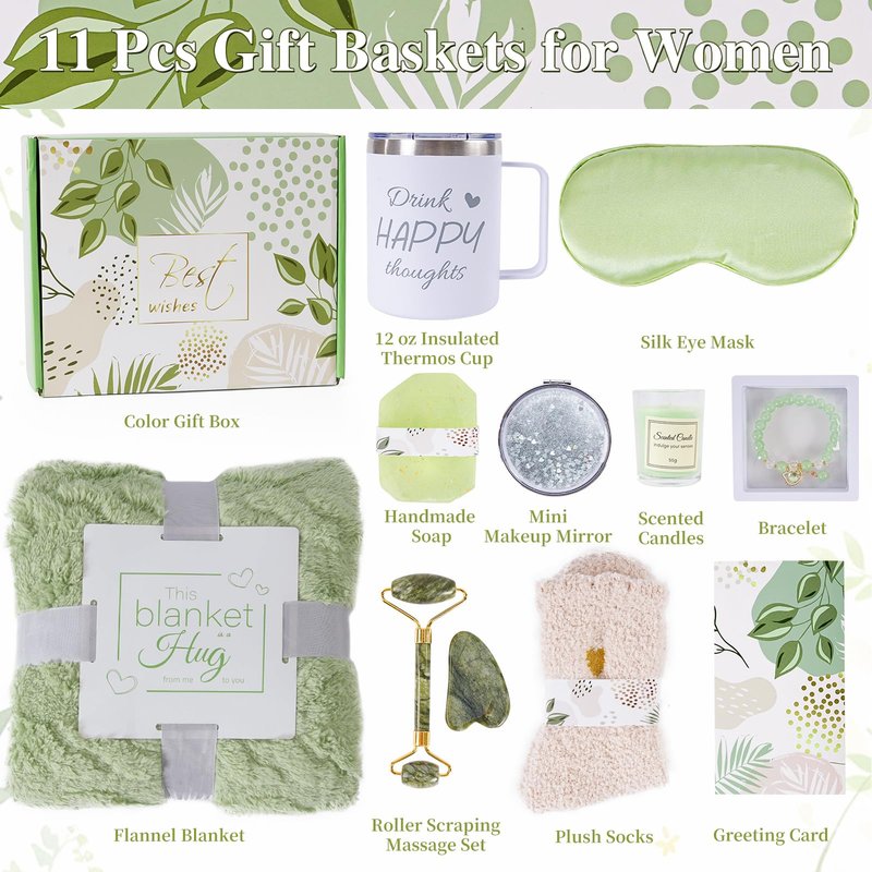 Birthday Gifts Basket for Women, 11 PCS Care Package with Luxury Blanket and Tumbler, Relaxing Spa Self Care Gifts Basket for After Surgery, Get Well Gifts for Women, Thinking of You Gifts for Her