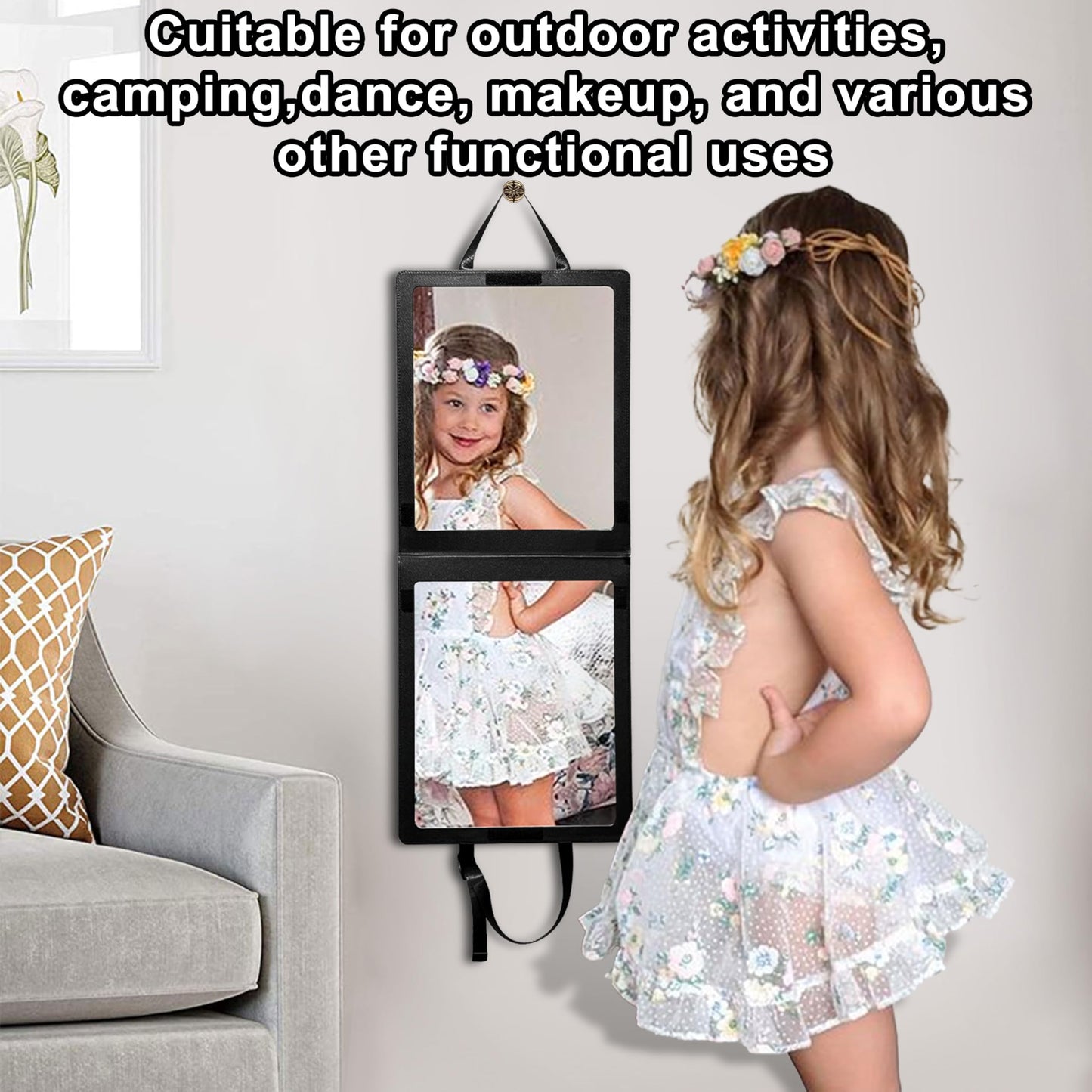 Adzyz Foldable Portable Full Length Mirror, 33x13 Inch Hanging Shatterproof Travel Mirror for Camping, Travel, Dancers - Black Hanging Folding Dance Mirror