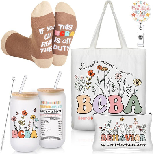 Dingion 5 Pcs Bcba Behavior Analyst Special Education Teacher Behavior Therapist Appreciation Gifts Include Tote Bag Cosmetic Bag Glass Cup Badge Holder Socks for Mother's Day Bcba Passed Exam Gift