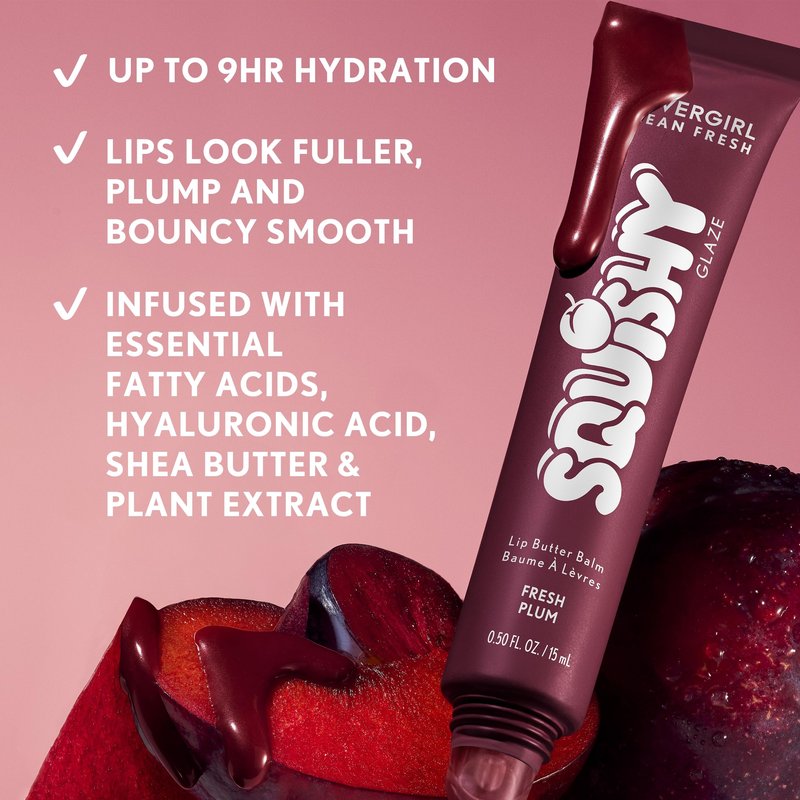 COVERGIRL Clean Fresh Squishy Glaze™ Lip Butter Balm, Flavored, Non-Sticky, with Vitamin E & Shea Butter – 160 Fresh Plum (Sheer Burgundy Plum)
