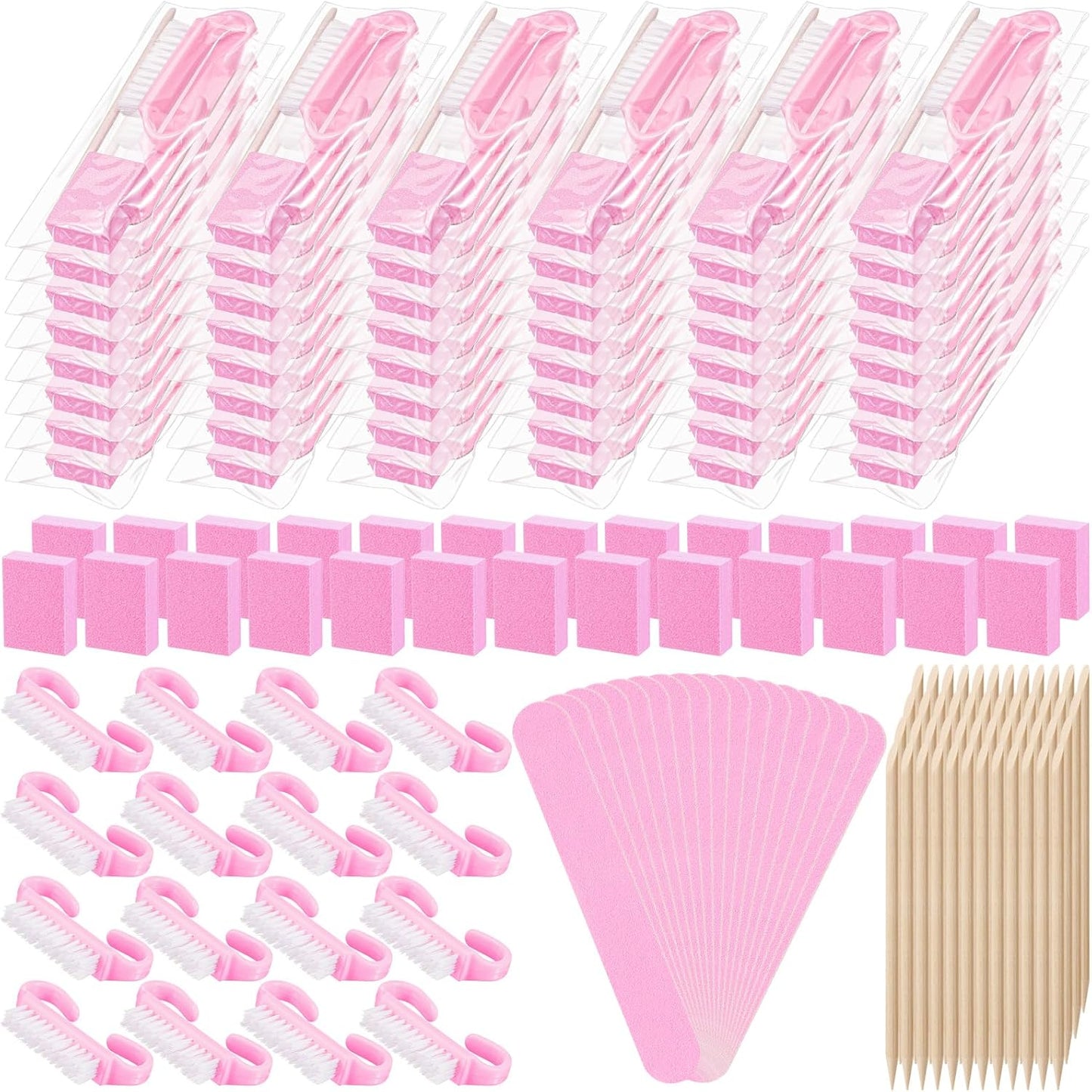 Professional Disposable Manicure Kit - 100 Sets of 4-Piece Nail Essentials | Pink Wood File & Buffer