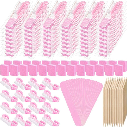 Professional Disposable Manicure Kit - 100 Sets of 4-Piece Nail Essentials | Pink Wood File & Buffer