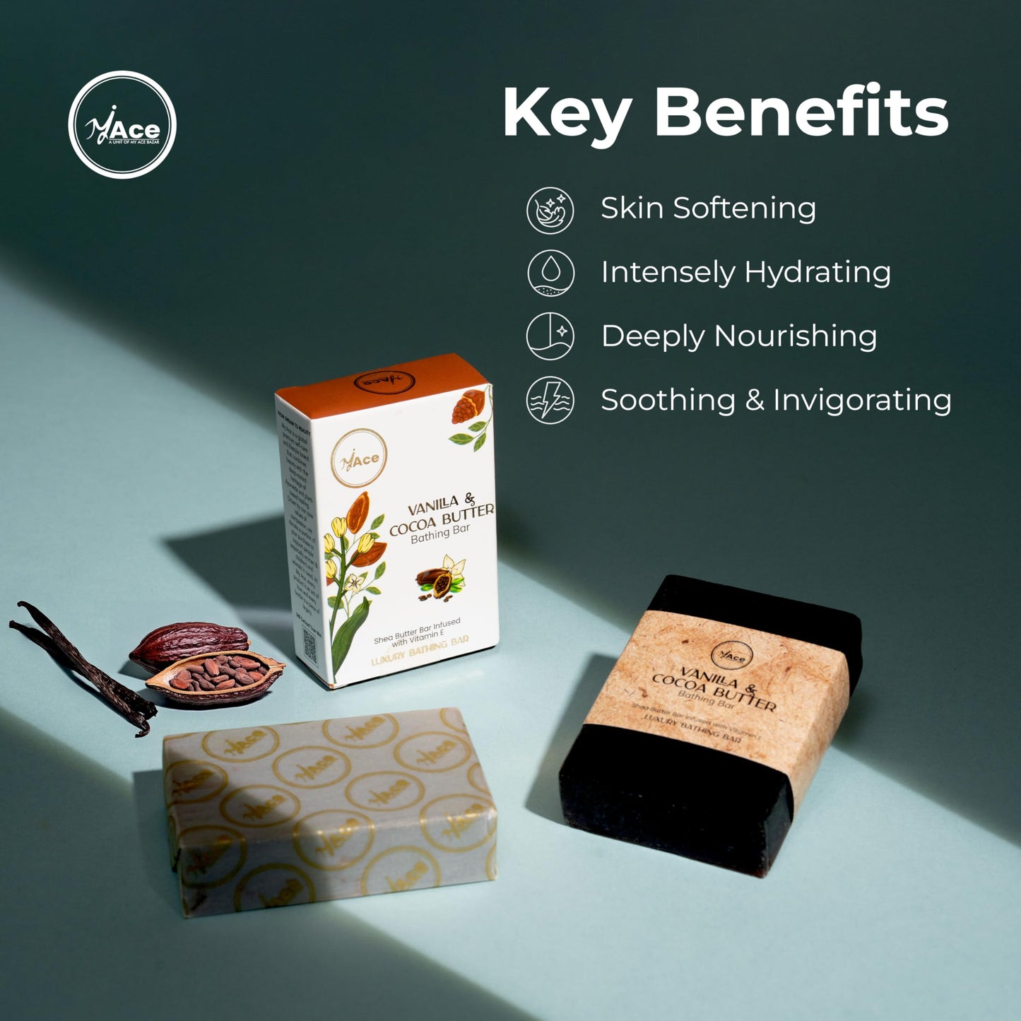 MY ACE Vanilla & Cocoa Bathing Bar Soap - Handmade with Essential & Coconut Oil, Shea Butter, Vitamin E for Skin Cleansing & Moisturizing - SLES Free for Face, Hair, Body Wash (3.5 Oz Each, Pack of 3)