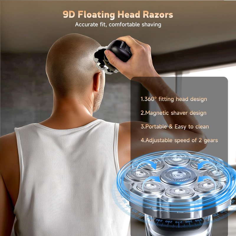 Electric Razor for Men,Head Shavers for Bald Men,Electric Shavers for Men with Wet & Dry Bald Head Shaver 9D Floating, 5-in-1 Body Shavers Comes with Magnetic Detachable Blades