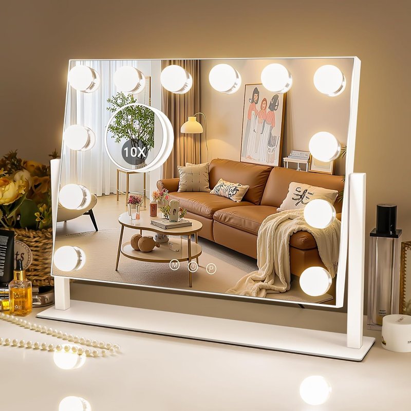 Vanity Mirror with Lights - 15.7"x11.8" LED Makeup Mirror | 10X Spot Mirror, Dimmable Touch Control, 360° Rotation, White