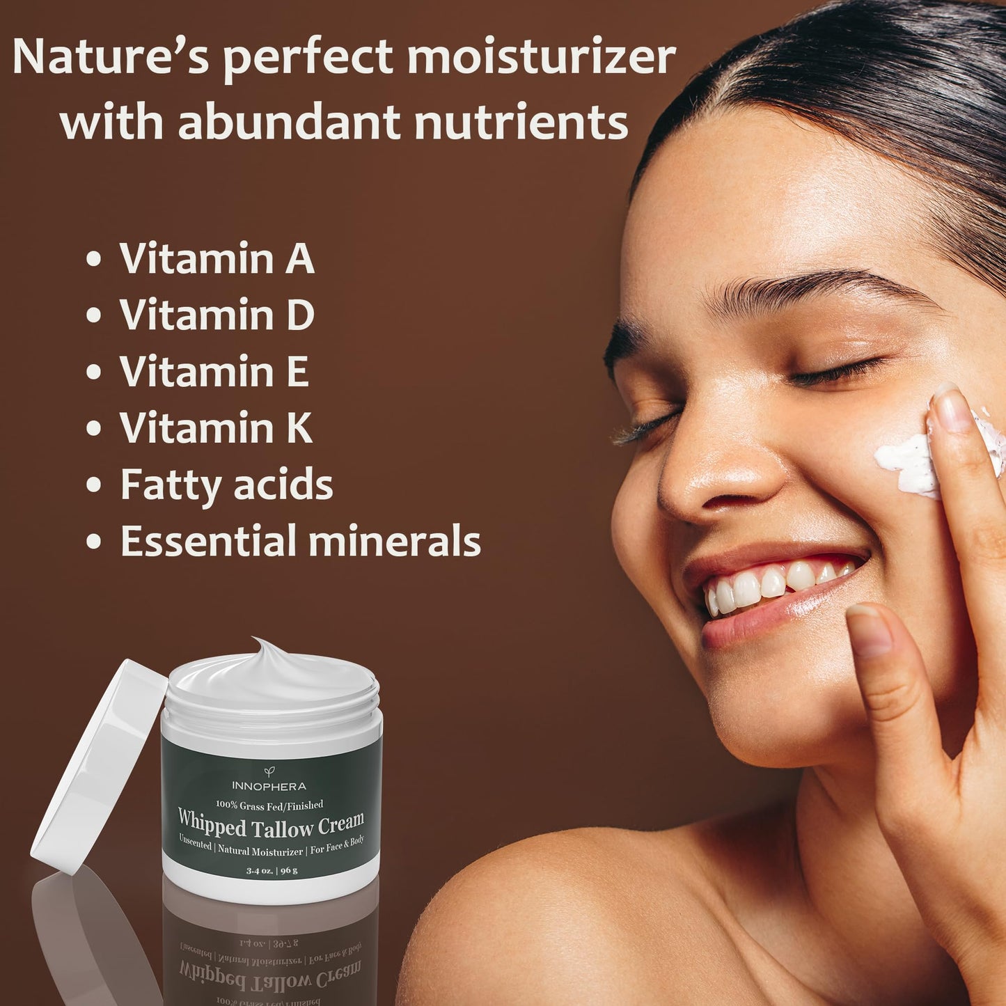 Innophera Whipped Beef Tallow Cream for Skin Care ‒ Grass Fed & Grass Finished ‒ 100% Natural Moisturizer for Sensitive Skin ‒ Handmade Face & Body Lotion ‒ Unscented & Odorless ‒ 3.4 oz.