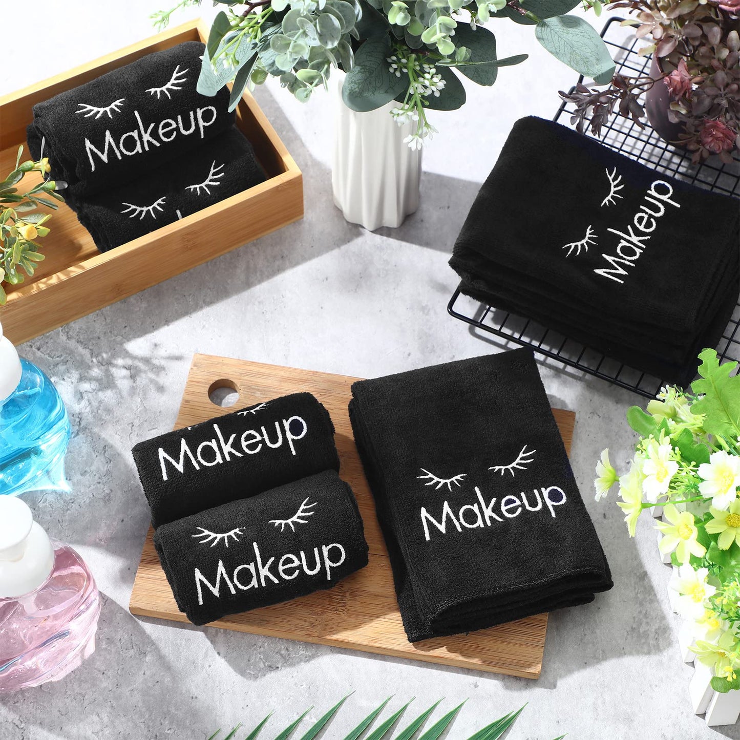 Vabean 30 Pcs Microfiber Black Makeup Washcloths for Face 13 x 13 Inches Makeup Remover Towels Reusable Absorbent Removers Face Wash Cloth with Embroidery for Women