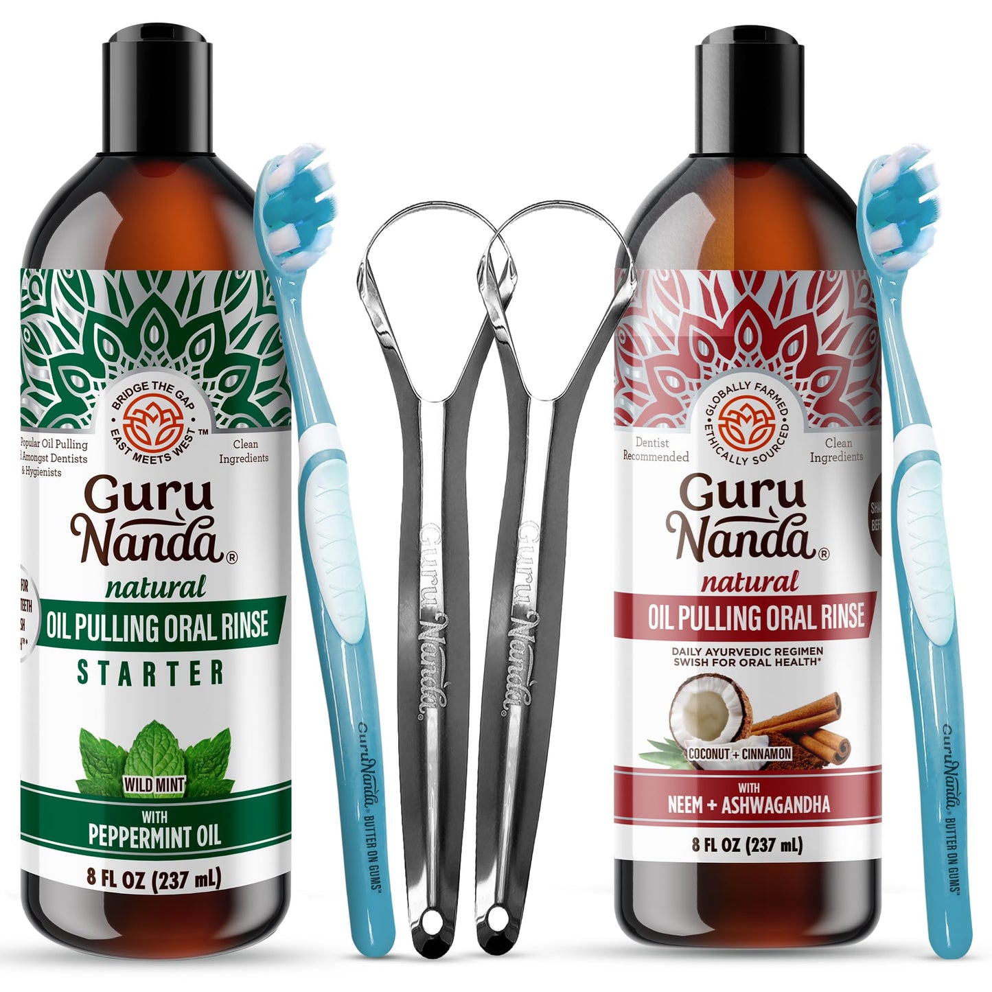 GuruNanda Coconut & Peppermint Oil Pulling (8 Fl.Oz) and Ashwagandha Oil Pulling (8 Fl Oz), Alcohol Free Whitening Mouthwash for Fresh Breath & Whiter Teeth