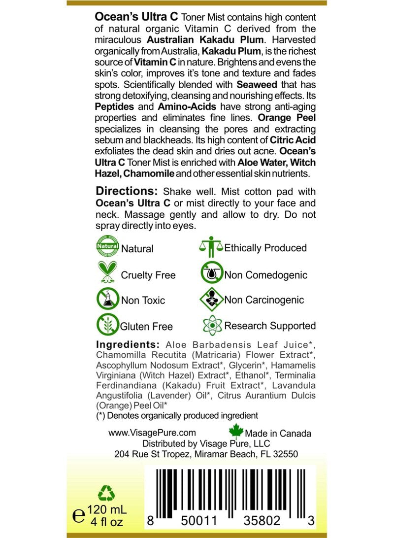 Visage Pure Ocean's Ultra C - Brightening and Detoxifying Anti-Aging Face Toner - Tightens and Clarifies The Skin and Minimizes Its Pores - USDA Organic - Physician Formulated - Research Supported