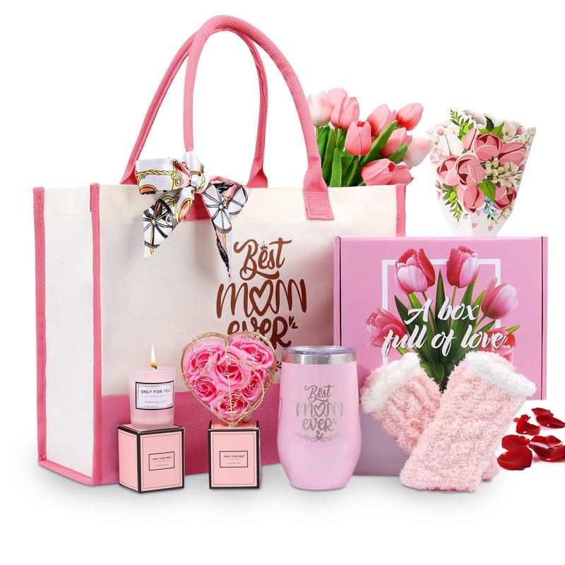 Christmas Gift baskets for Women, Christmas Gift Sets for Mom, Her, Wife, Girlfriend, Care Package for Women, Birthday Unique Gifts, Holiday Gifts Basket with Canvas Tote Bag Sock Tumbler Flower Pink
