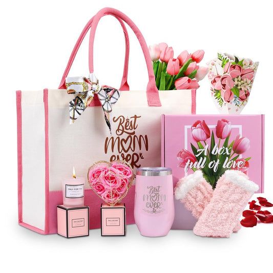 Christmas Gift baskets for Women, Christmas Gift Sets for Mom, Her, Wife, Girlfriend, Care Package for Women, Birthday Unique Gifts, Holiday Gifts Basket with Canvas Tote Bag Sock Tumbler Flower Pink