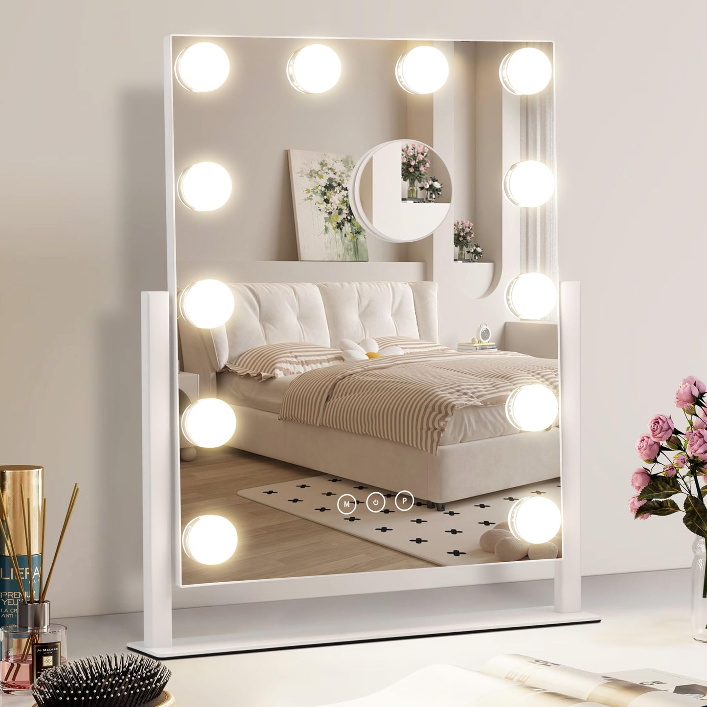 NUSVAN Vanity Makeup Mirror with Lights,3 Color Lighting Modes Detachable 10X Magnification Mirror Touch Control,360°Rotation, White (14.6Inch)