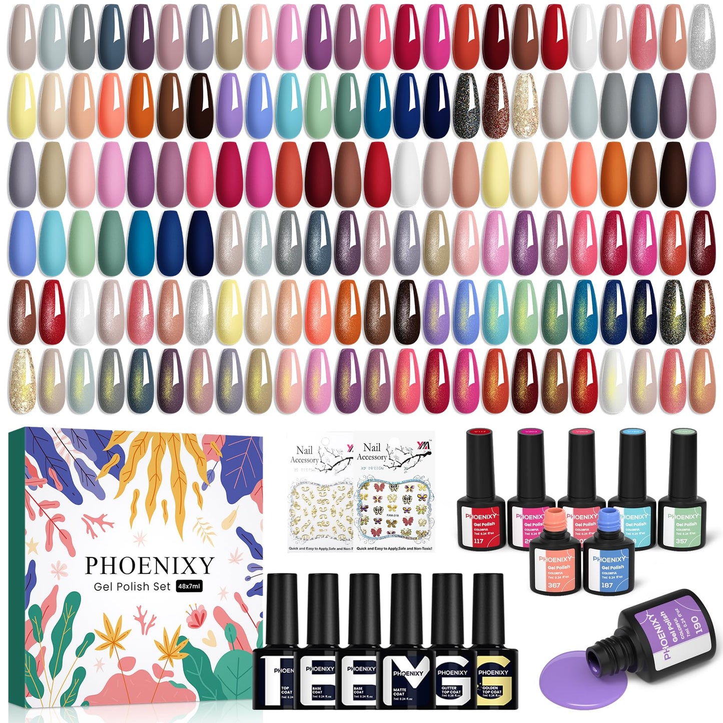 PHOENIXY 50 Pcs Gel Nail Polish Set, 42 Colors Nail Polish with 2 Base Coat & 4 Effects Top Coat Red Brown Colors Gel Polish Kit Nail Starter Set Christmas Gifts for Women Girls