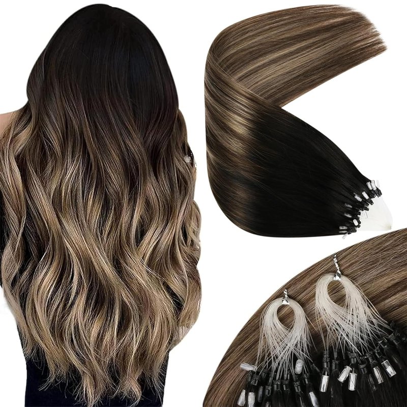 Microlink Remy Human Hair Extensions - 18 Inch Black Balayage Brown Ombre Blonde | Natural Fullness for Weddings & Events, 50g