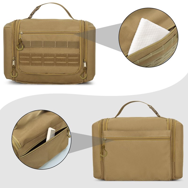 Prokva Tactical Toiletry Travel Bag for Men, Hanging Dopp Kit Hygiene Bag Shower Organizer with Hook for Toiletries and Shaving Care, Khaki (Empty Bag)
