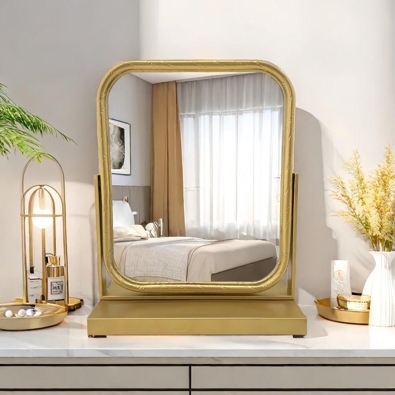 Deng YH Tabletop Vanity Mirror Adjustable Rotation Golden Metal Framed Gold Vanity Mirror, Room for Living Room,Bedroom,Tabletop,Bathroom.
