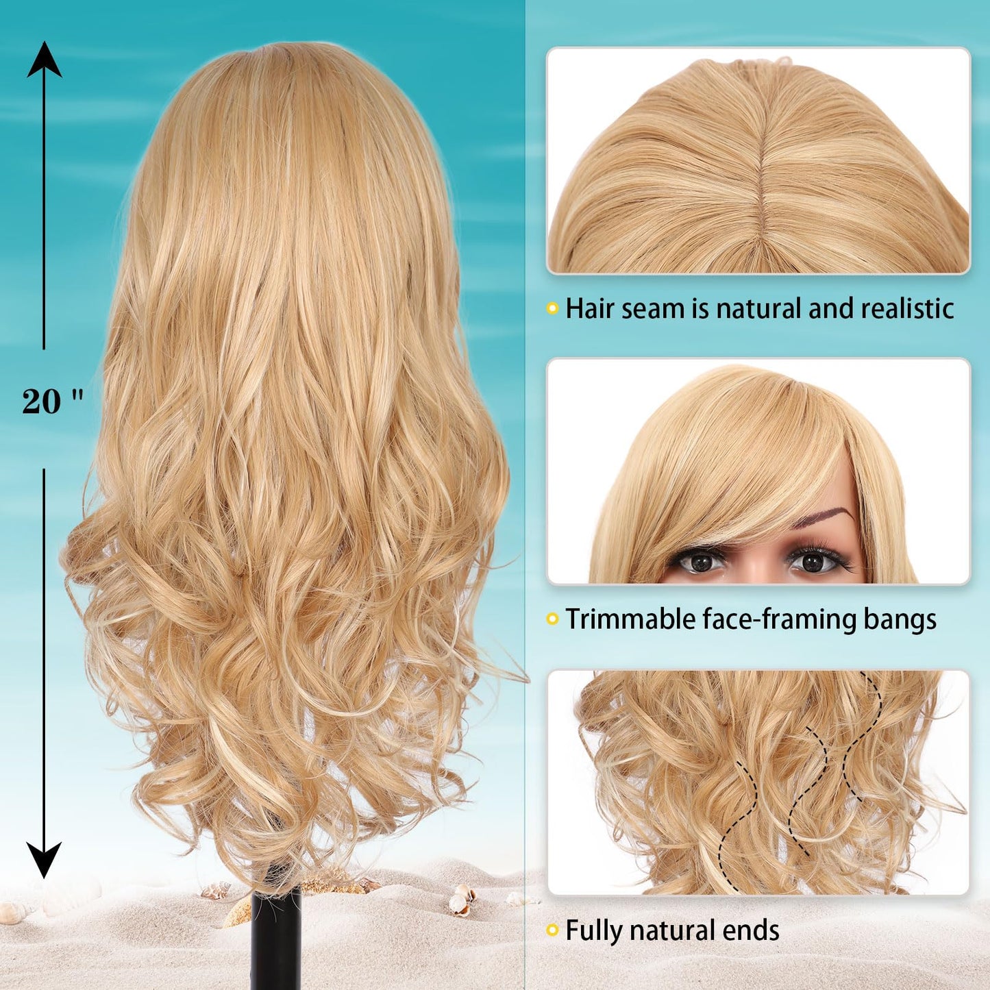 Kalyss Blonde Wig With Bangs Long Blonde Curly Wigs for Women Heat Resistant Synthetic Hair Wavy Blonde Highlights Wigs for Women 22 Inches