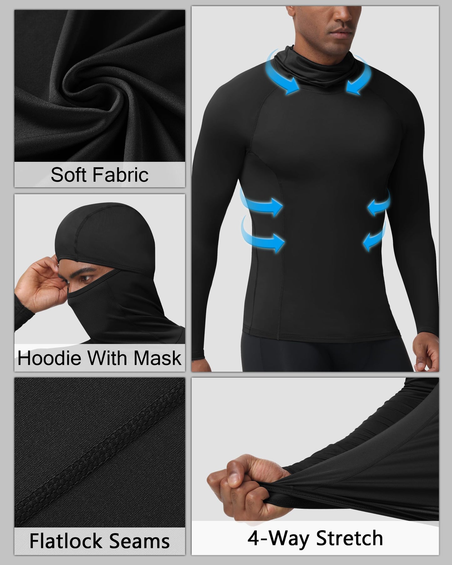 Roadbox Men's Compression Shirt Hoodie with Mask, Long Sleeve Workout Athletic Base Layer, Sports Gym Running Undershirt Top Black
