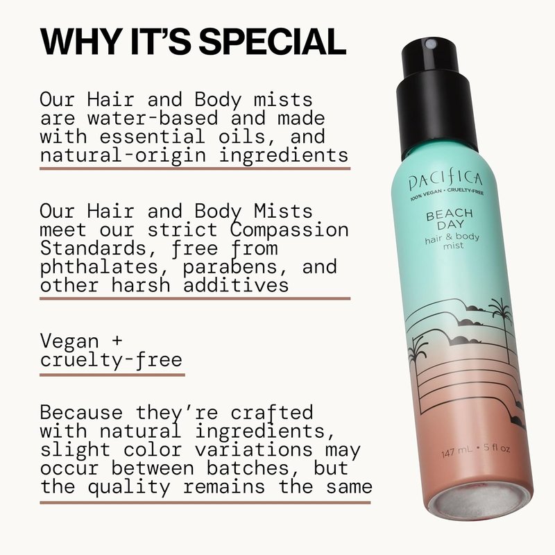 Pacifica Beach Day Hair Mist & Body Spray for Women - Bergamot, Orange Flower, Sandalwood, Amber, Musk | Alcohol-Free, Vegan, 5 oz