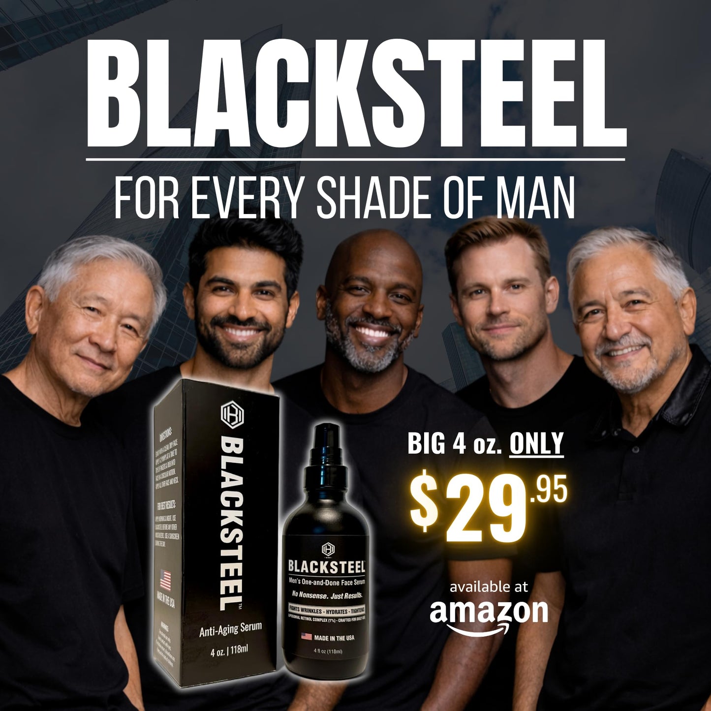 BLACKSTEEL Men's Anti-Aging Face Serum with Retinol & Hyaluronic Acid | One-Step Daily Wrinkle, Hydration & Firming Solution | Fast-Absorbing, Non-Greasy Skincare Made in USA | 4 oz Single Bottle