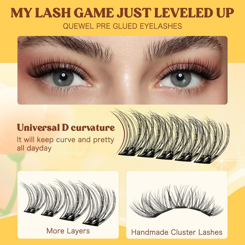 QUEWEL Self Adhesive Lash Clusters Kit, Pre Glued Eyelashes Clusters, 10-16MM Strong Hold Self Adhesive Eyelashes,D Curl Press On Lashes No Glue Needed DIY Lash Extensions Kit at Home(MJ02)