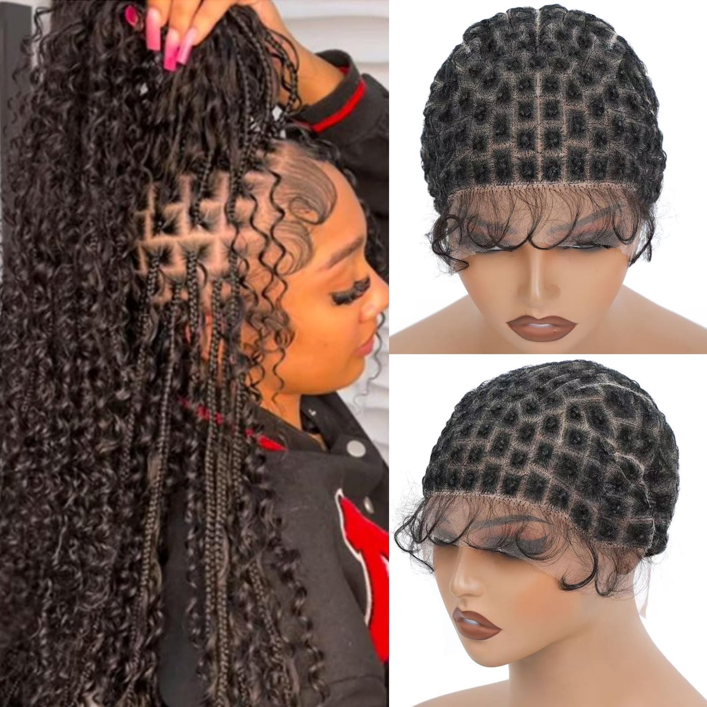 UCABEWEL Double Full Lace Crochet Wig Caps With Natural Knots And Baby Hair Quick For Wig Making, Breathable HD Lace Braided Cap For Crochet Braids, Glueless Hair Net With Bangs (100sections)