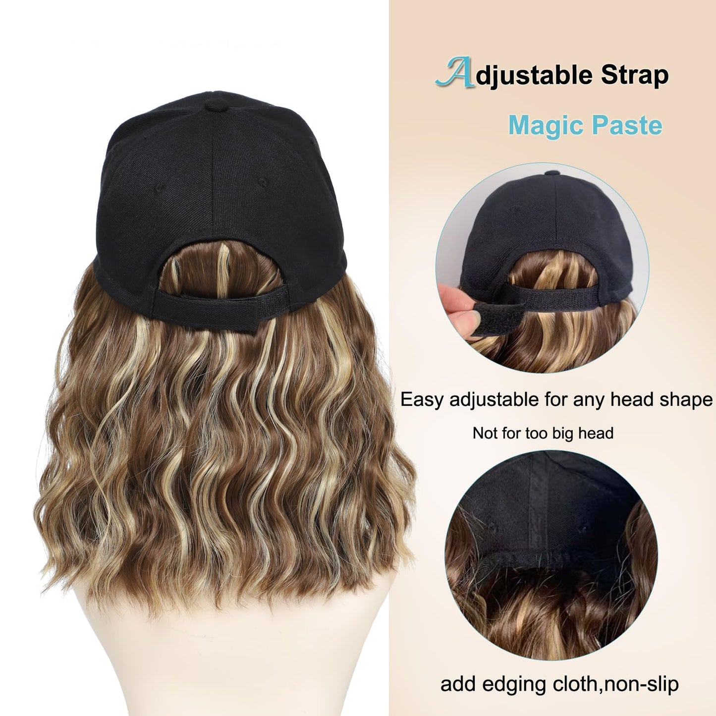 AliRobam Synthetic Wig Hat with Natural Wave Hair Extensions Attached for Woman Baseball Cap Wig Mix Brown Blonde Short Curly Wavy Hairstyle Adjustable Daily Outdoor Use(Mbrown blonde, 14inch)