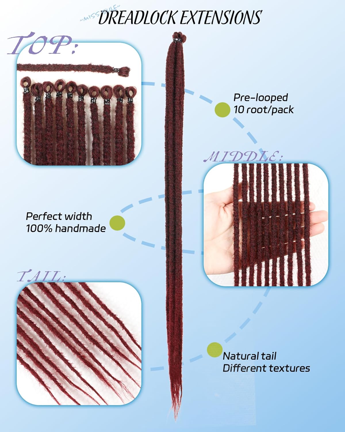 Dreadlock Extensions - 24 Inch Ombre Burgundy Faux Locs | Soft Synthetic Hair, 50 Strands, 0.6 cm Width