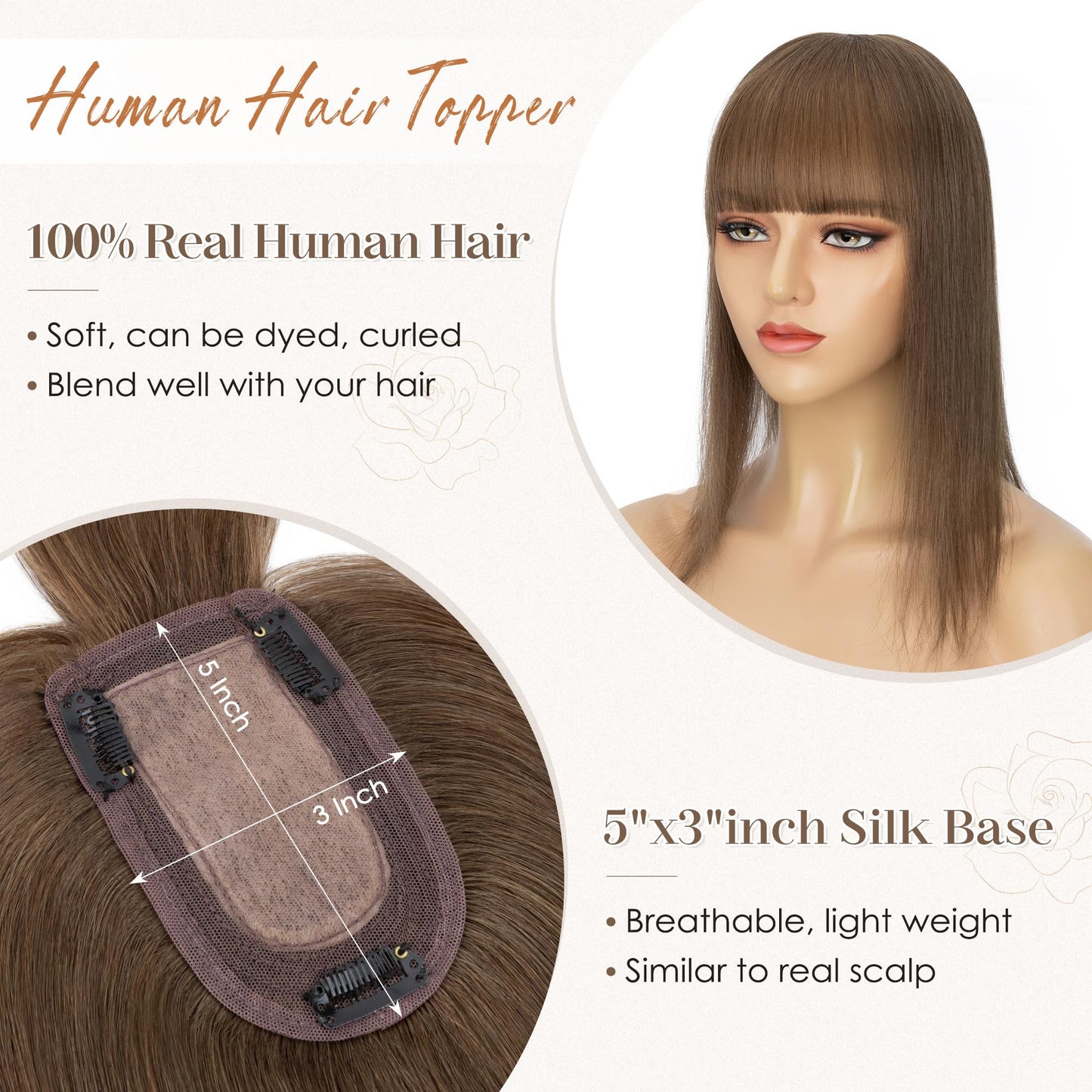 S-noilite Human Hair Toppers for Women with Bangs 100% Real Human Hairpiece 5"x3" Clip in Silk Base Topper Piece Cover Thinning Fine Hair 10 inch Chestnut Brown