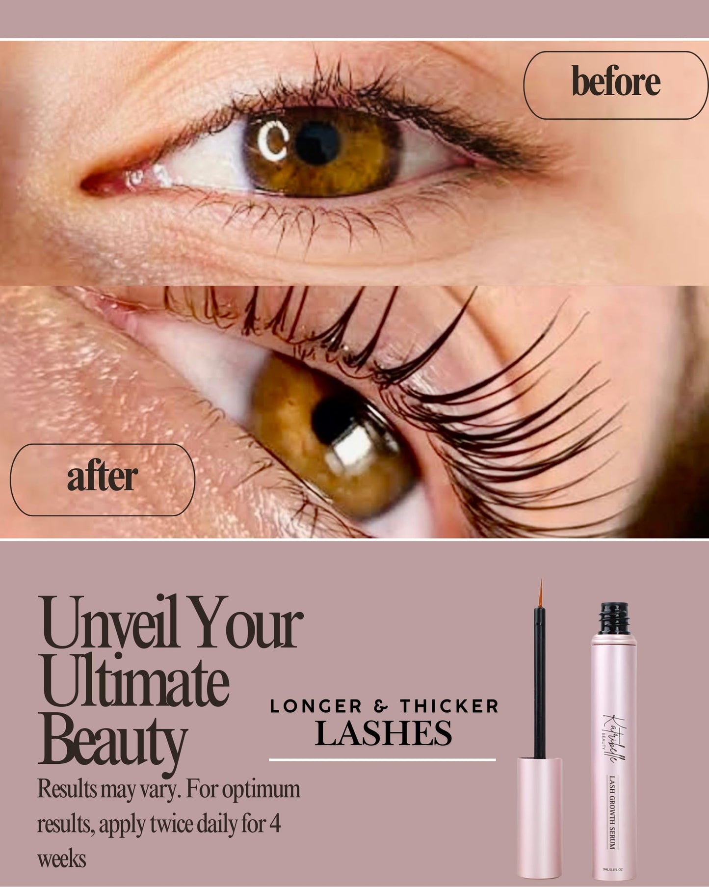 Katribelle Beauty - Eyelash Growth Serum: Eyelash Serum To Grow Lashes - Boost Growth Regrowth For Longer, Thicker, Fuller-Looking Lashes - 100% Vegan Formula With Biotin & Peptides 3ML