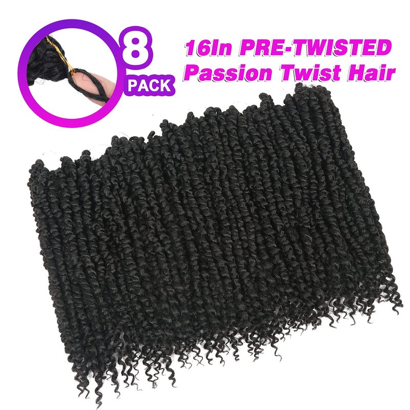 Passion Twist Crochet Hair - Pre-Twisted 16 Inch Braids | Soft Bohemian Style, 8 Packs, Color 1B