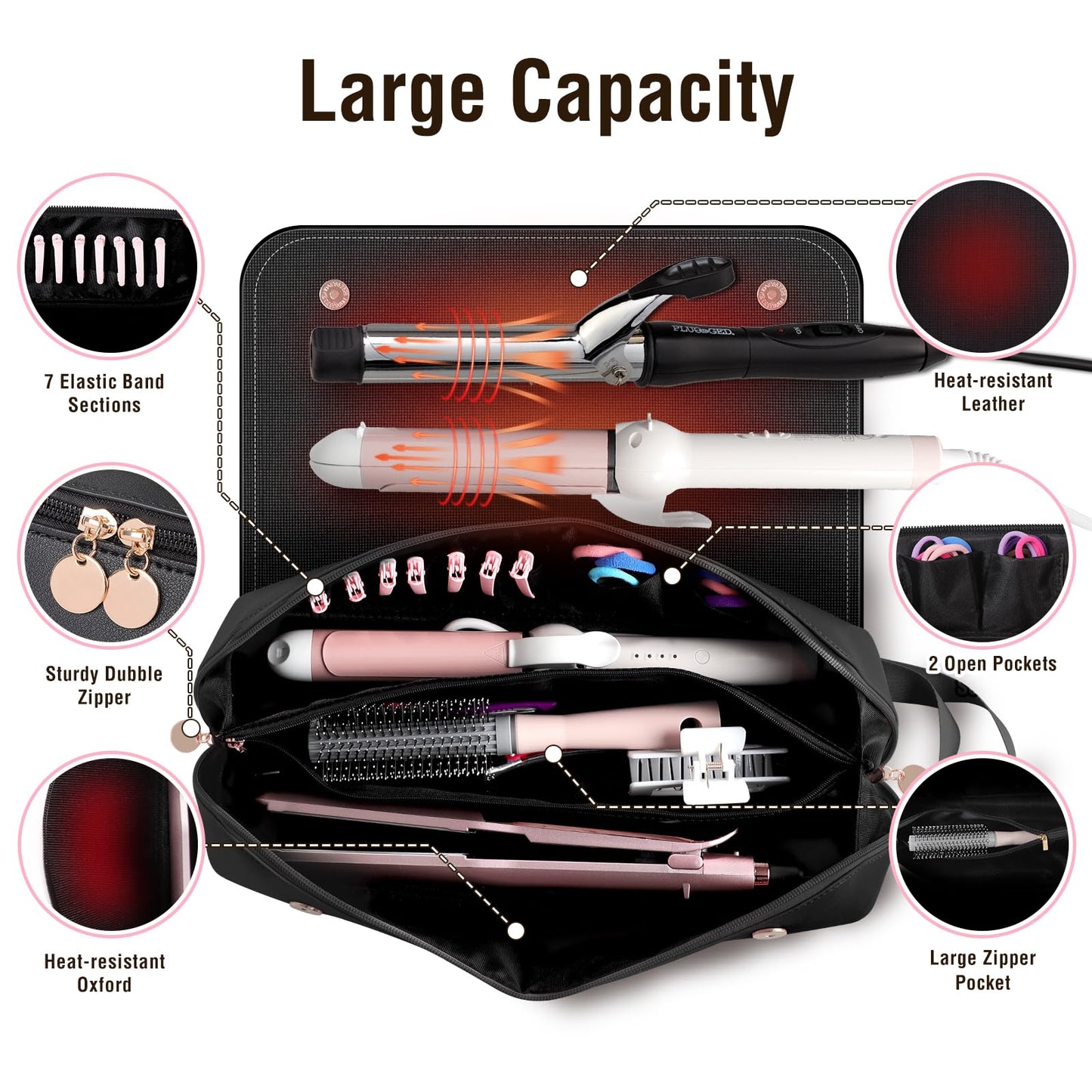 SS Hair Tools Travel Bag and Heat Resistant Mat for Hot Tools, Leather Curling Iron Case, Portable Essentials for Women, Black