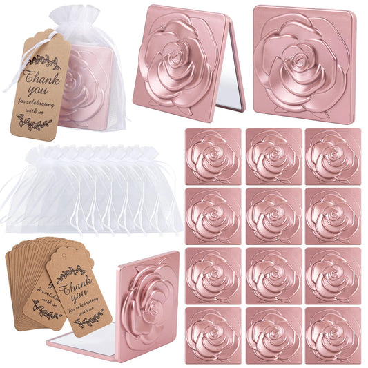 AUEAR, 30 Sets Flower Rose Shape Compact Mirror Set with Thank You Tag and Organza Bag for Bridal Shower Wedding Travel Gold
