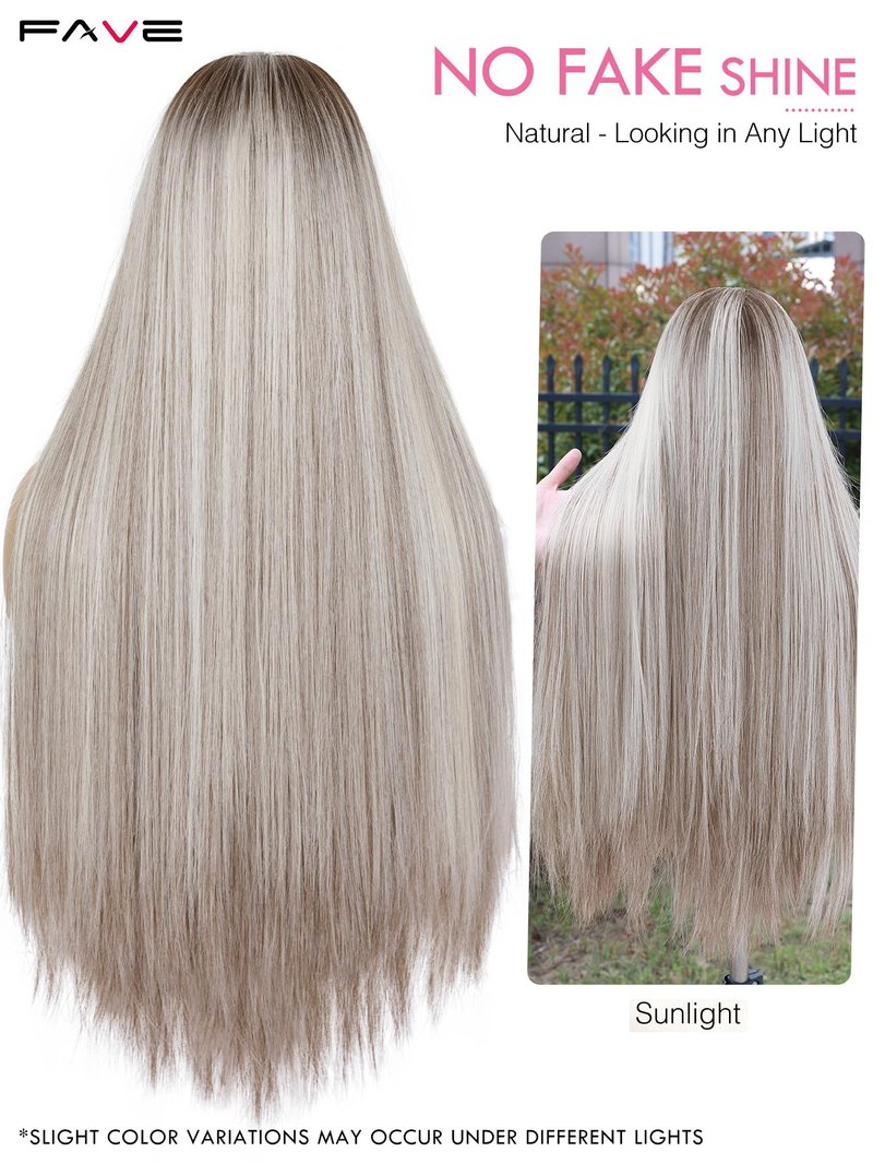 FAVE 13x4 HD Lace Front Wig 28" Ombre Wig Ash Blonde with Brown Wig Long Straight Synthetic Hair Pre-Plucked Hairline Heat-Resistant Glueless Lace Front Wigs for Women