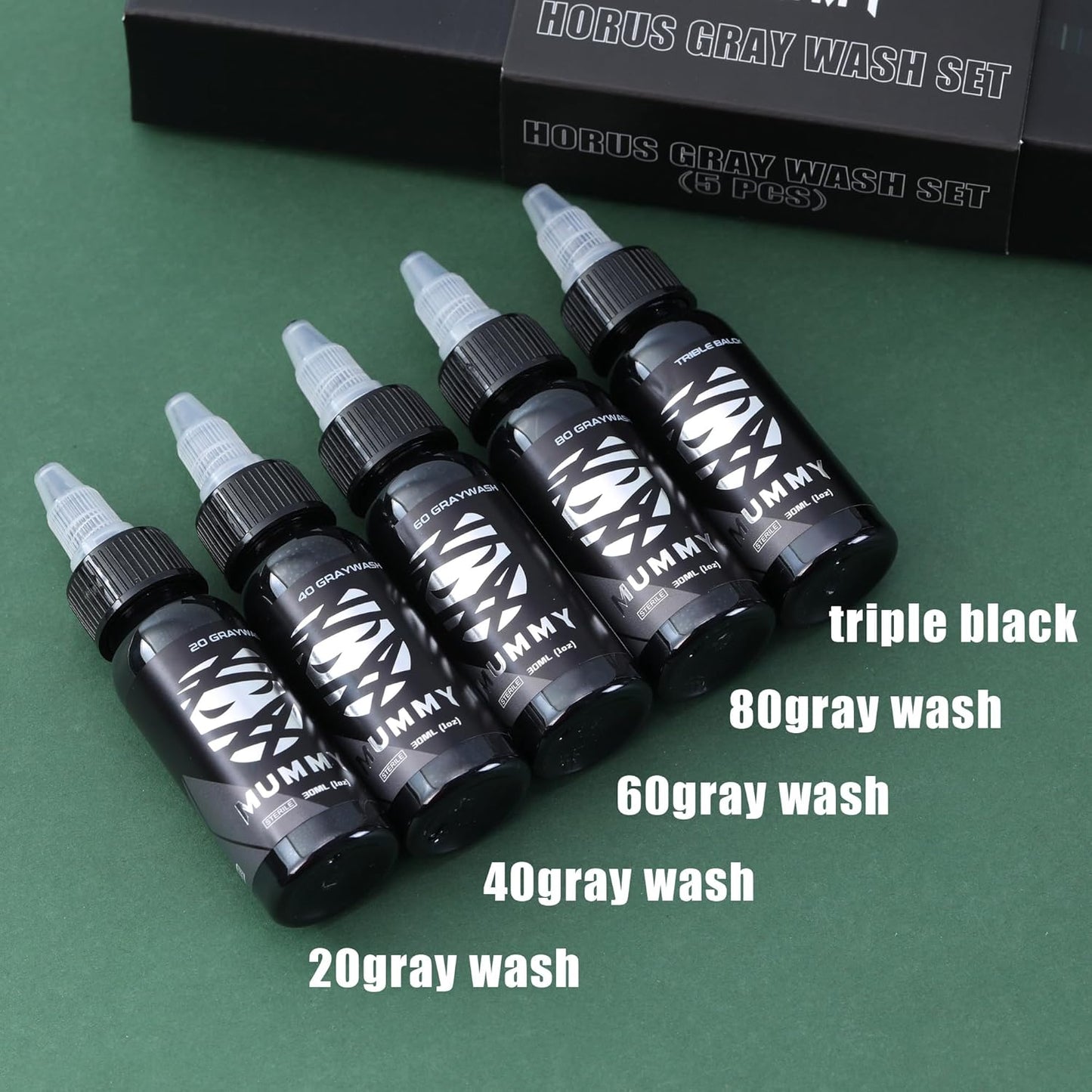 Mummy Tattoo Ink Set - 5 Bottles of Greywash & Triple Black - 1 oz Each for Professional Use