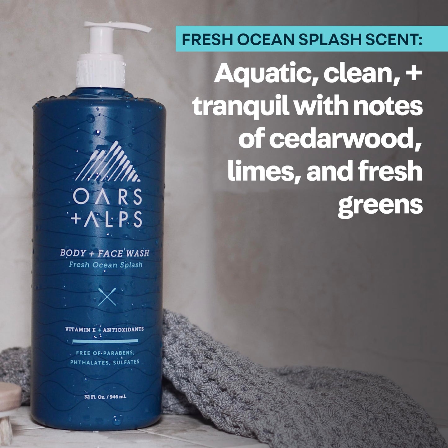 Oars + Alps Body Wash for Men, Mens Body Wash & Face Cleanser with Vitamin E & Antioxidants, Moisturizing, Paraben & Sulfate Free Cleanser, Fresh Ocean Splash, 32oz