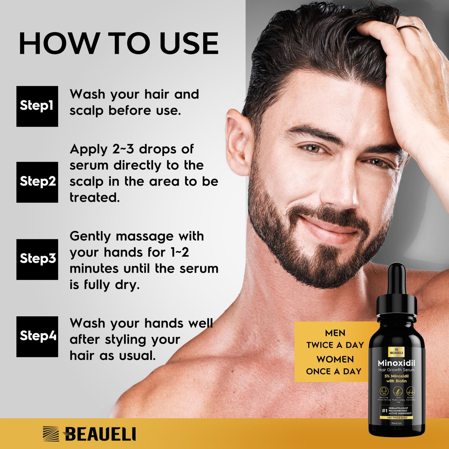 Beaueli 5% Minoxidil for Men and Women, Hair Growth, Beard Growth, Hair Regrowth, Unscented Drop, 3 Fl Oz, 3 Bottles