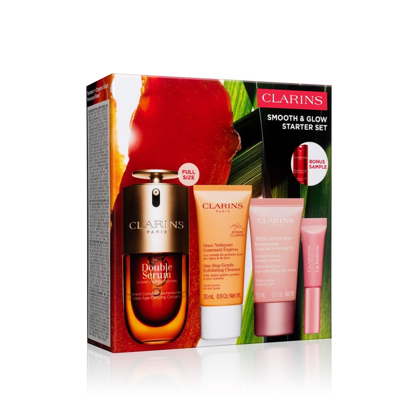 Clarins Smooth and Glow Starter Set | Amazon Exclusive 5-Piece Skincare Set | Includes Full Size Double Serum 1 Ounce | $105 for Value of $142