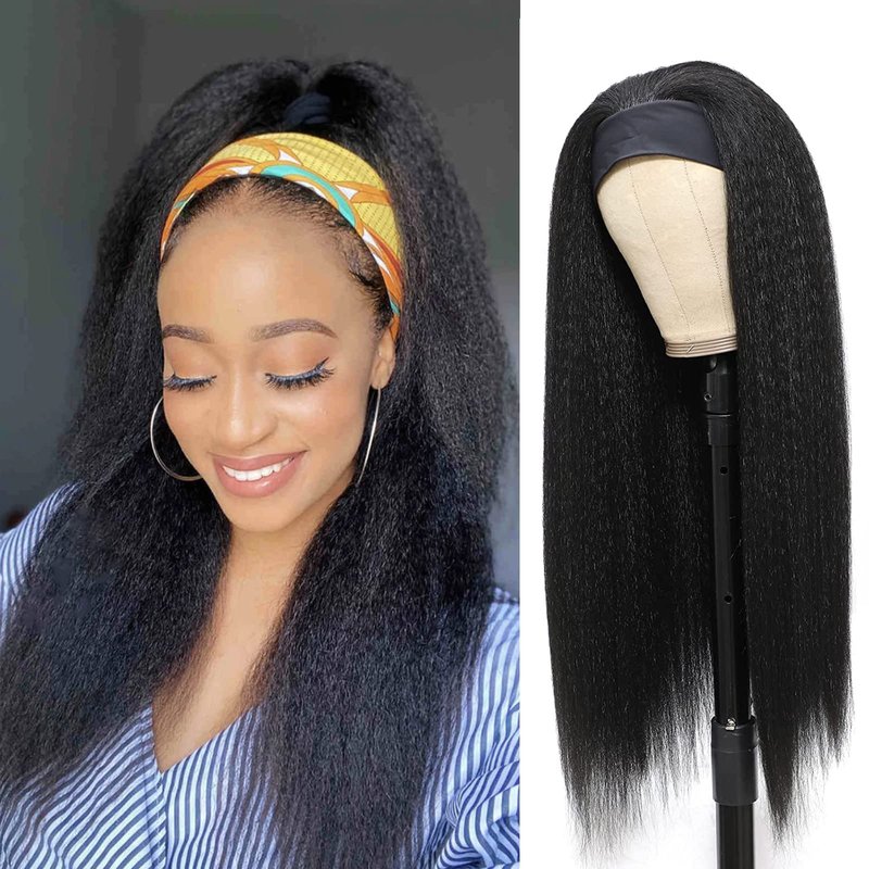 Vligcor Kinky Straight Headband Wig 24-Inch Long Yaki Straight Synthetic for Black Women - None Lace Front With Black Headband Attached (Natural Black)